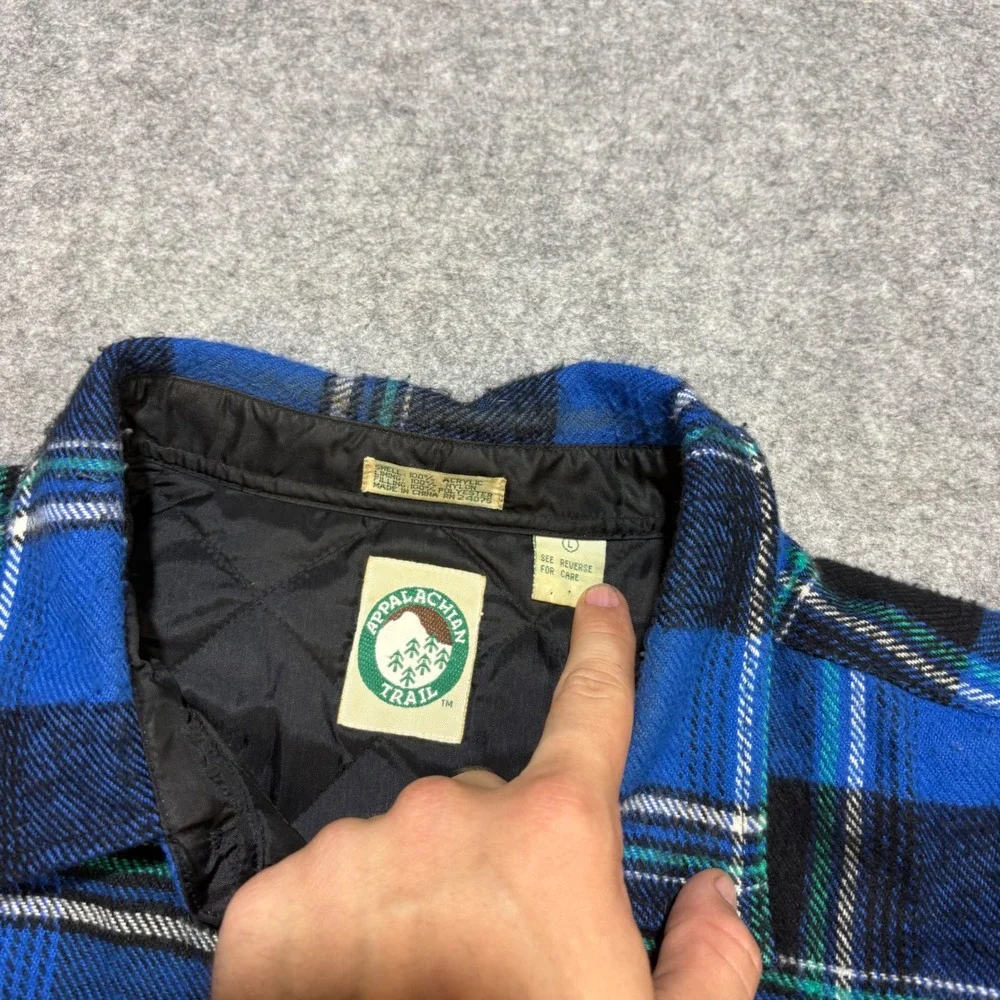 Appalachian Trail Blue Plaid Quilted Flannel Shirt Jacket Mens Large L Heavy